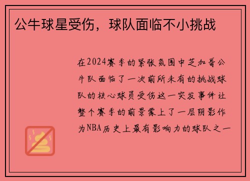 公牛球星受伤，球队面临不小挑战